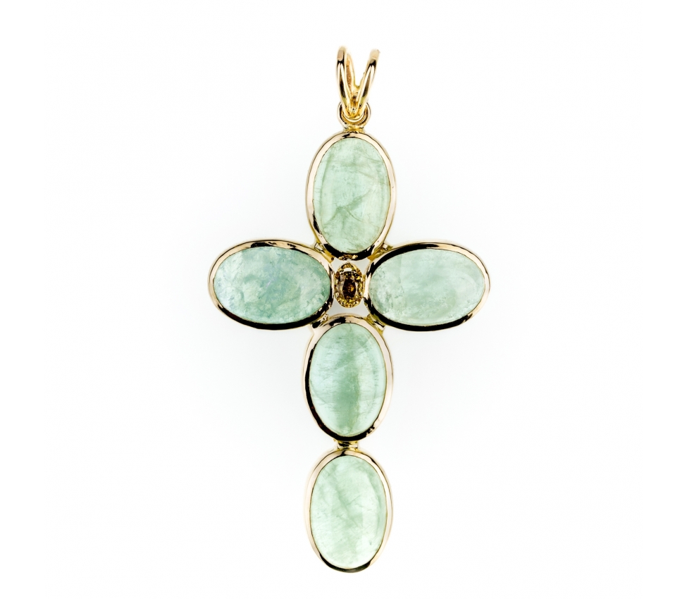 Gold cross pendant with green beryls - 3