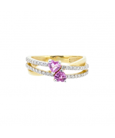 Gold interwoven ring with heart shaped pink sapphires and diamonds - 1