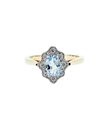 Gold retro style ring with aquamarine and diamonds - 1