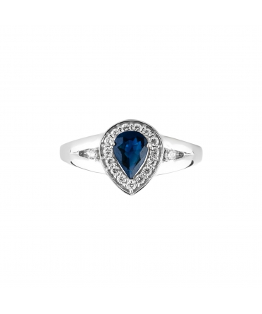 Gold ring with pear cut sapphire and diamond halo - 1
