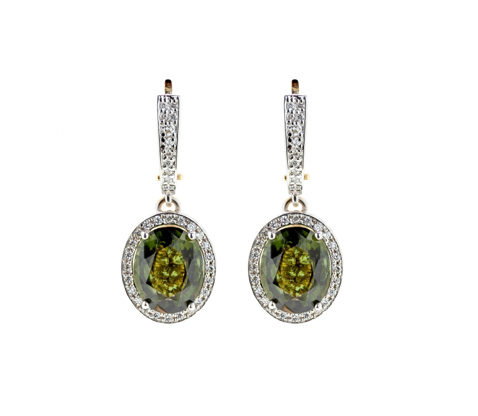 Gold earrings with moldavite and diamonds english lock - 1
