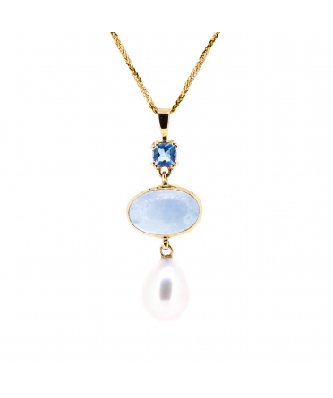 Aquamarine and pearl gold necklace 45 cm - 1