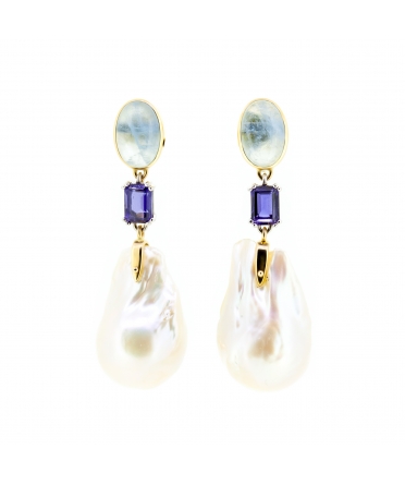 Gold stud earrings with big baroque fireball pearl, aquamarine and iolit - 1
