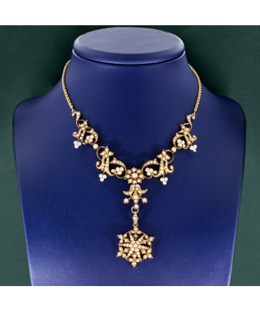 Złoty naszyjnik w stylu Edwardiańskim z perłami motyw floralny - 1