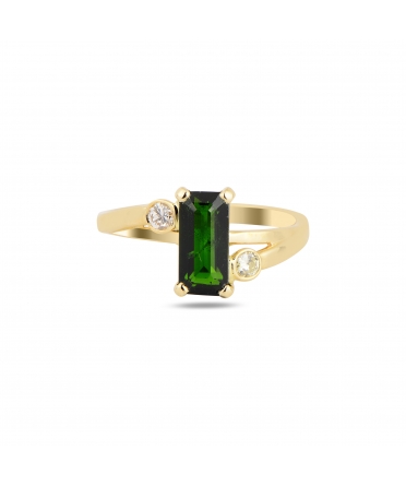Złoty pierścionek z zielonym turmalinem i diamentami - 3