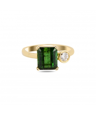 Złoty pierścionek z zielonym turmalinem i diamentem - 3