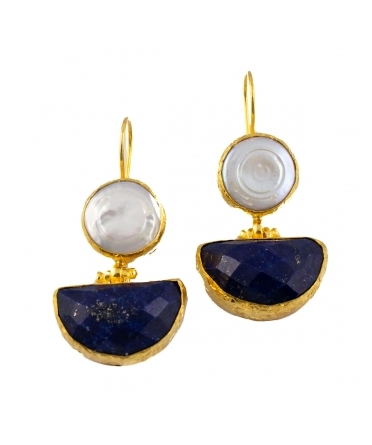 Goldplated bronze earrings with pearls and lapis lazuli - 2