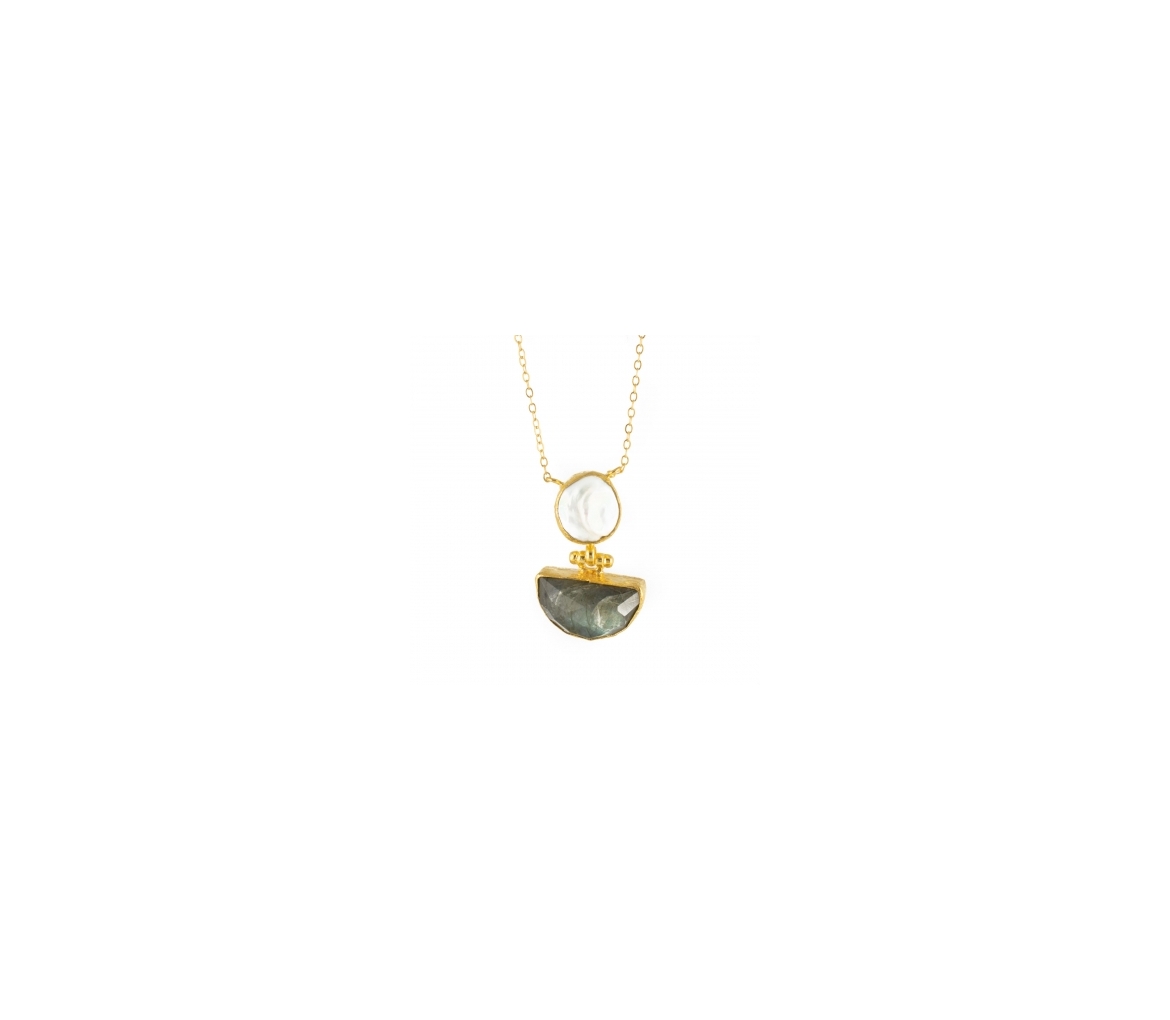 Goldplated bronze necklace with pearld and labradorite - 1