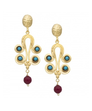 Goldplated bronze long earrings with turquoise and jadeite - 1