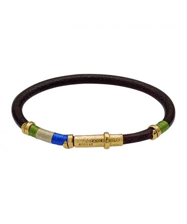 Leather bracelet with handmade gold elements and silk threads - 1