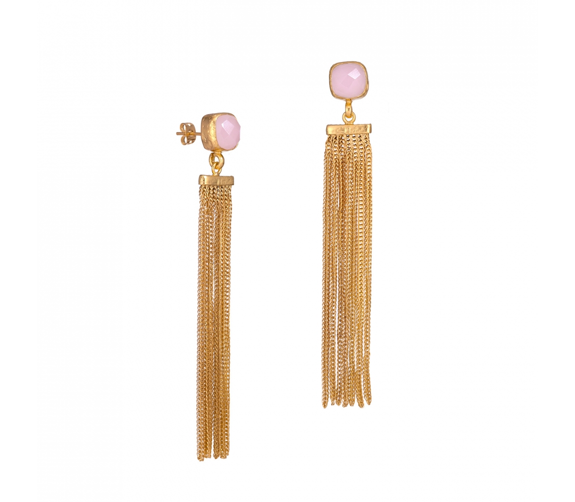 Goldplated long bronze earrings with rose quartz - 1