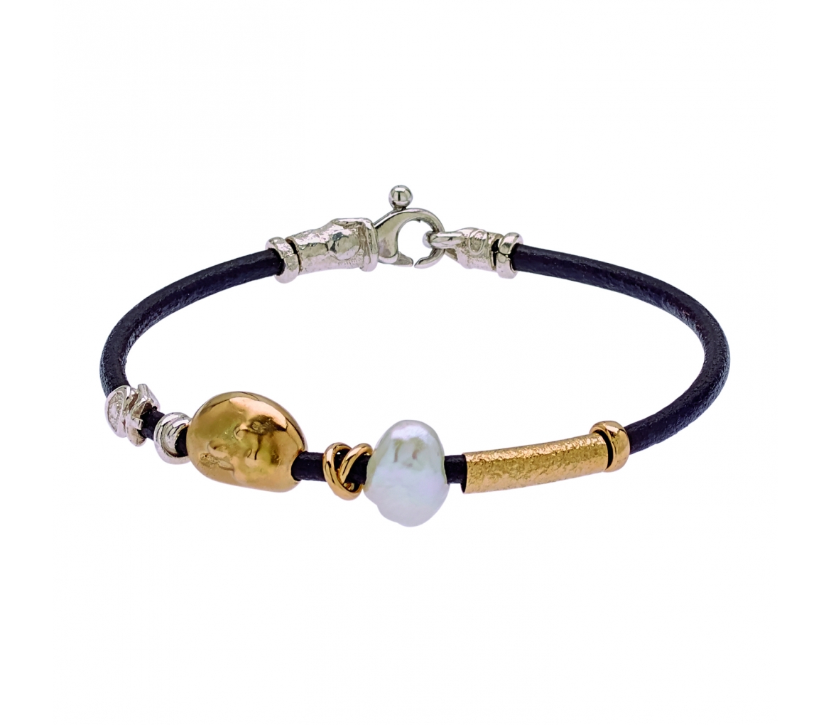 Leather bracelet with pearl and handmade gold and silver elements - 1