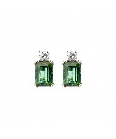 Gold stud earrings with diamonds and green tourmalines - 1