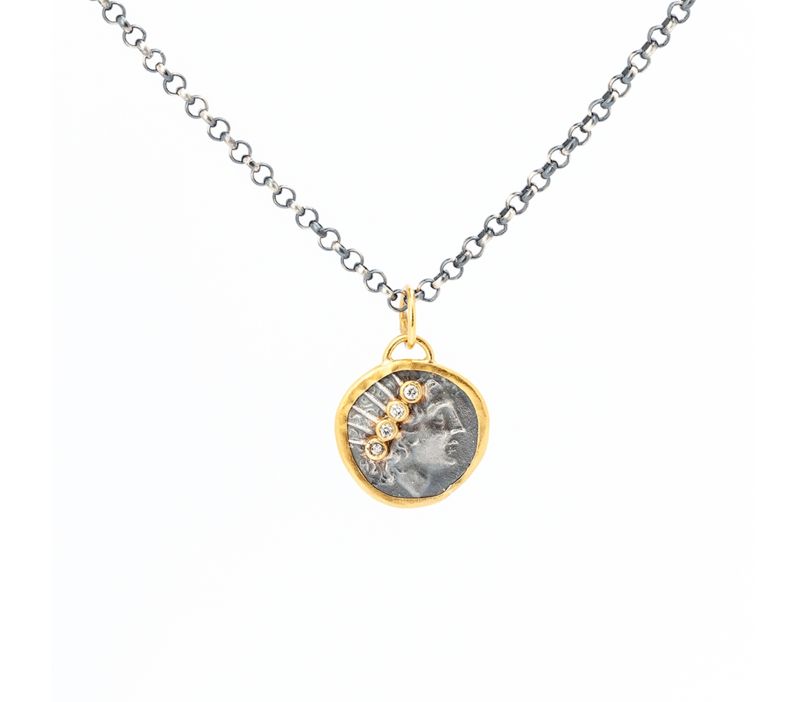 Gold and silver pendant with diamonds, god Helios - 1