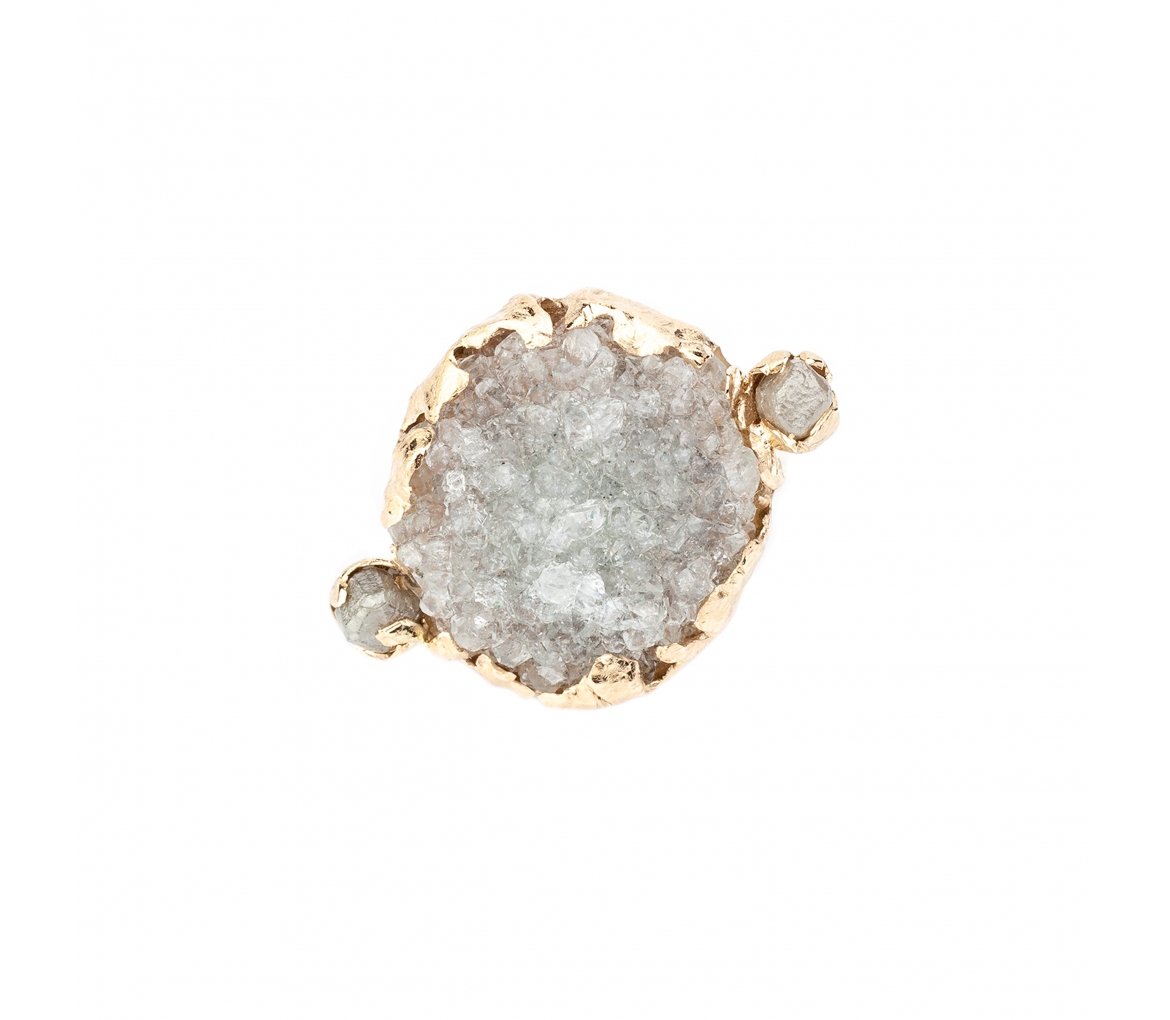 Złoty pierścionek z surowym kwarcem i surowymi diamentami - 1