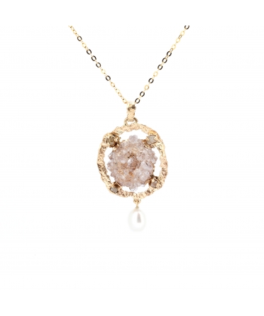 Złoty naszyjnik z surowym kwarcem, surowymi diamentami i białą perłą - 1