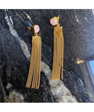 Goldplated long bronze earrings with rose quartz - 2