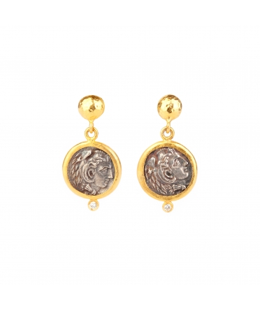 Gold and silver earrings with diamonds, Goddess Athena - 1