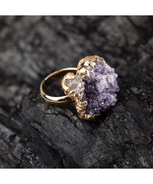 Gold ring with raw amethyst and raw diamond - 2