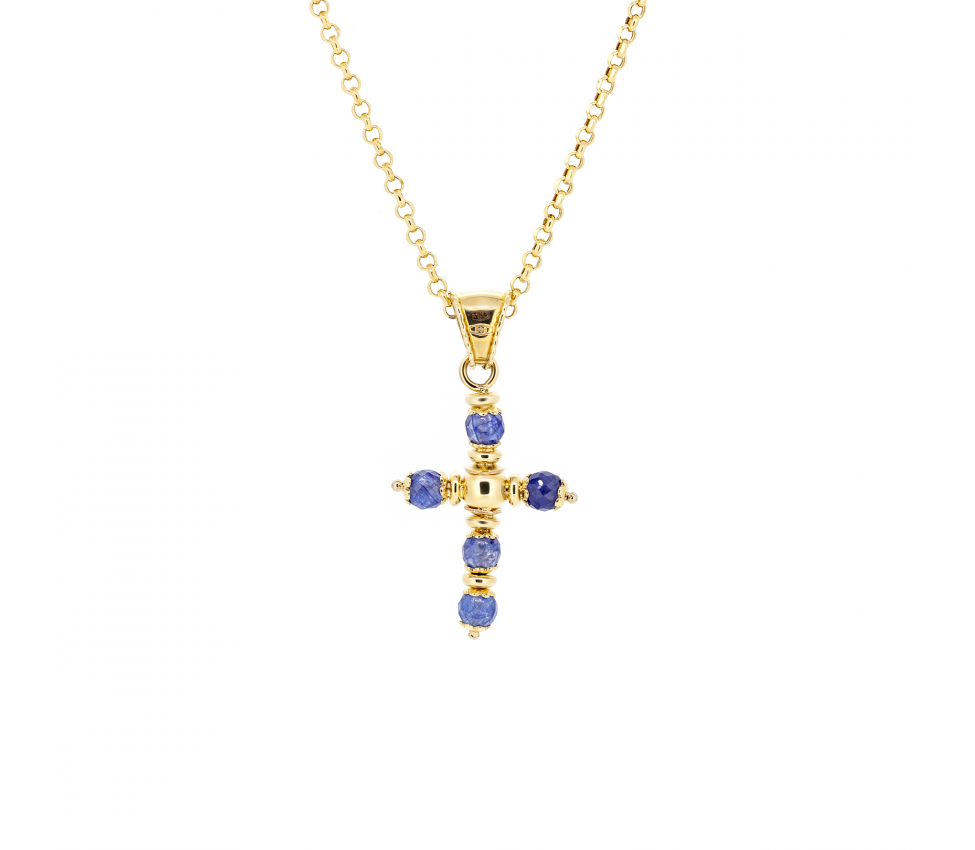 Gold cross pendant with sapphires - 1