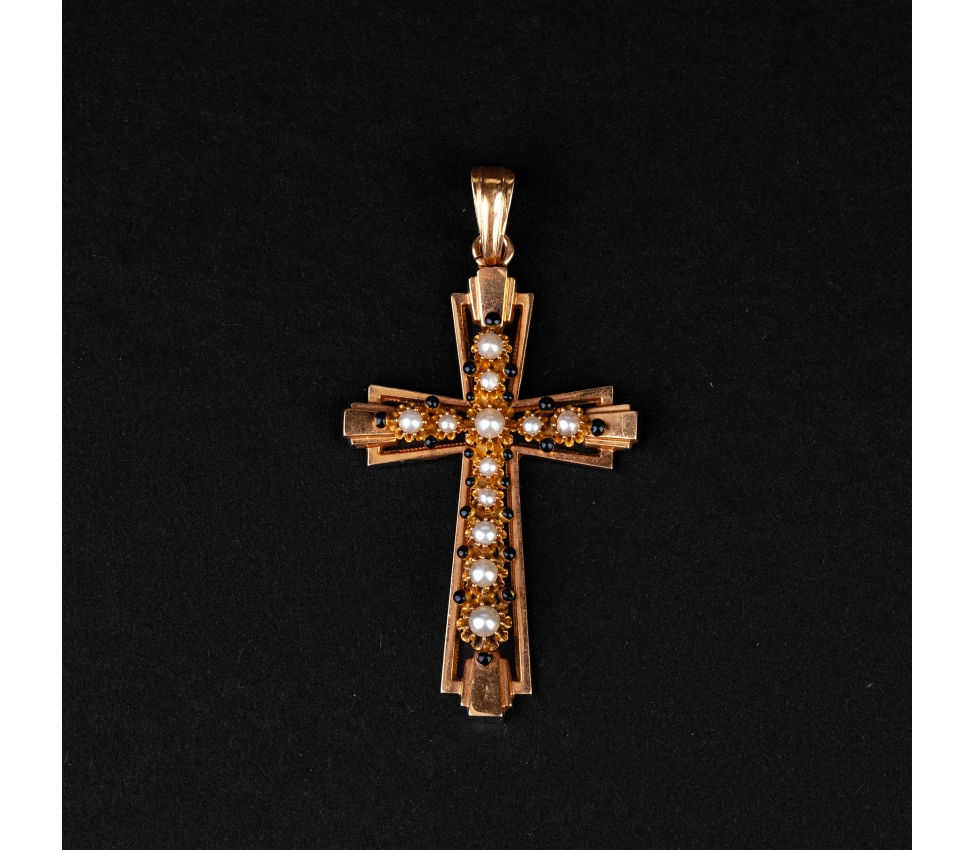 Gold cross pendant with pearls and black enamel, Art Deco, Paris - 1