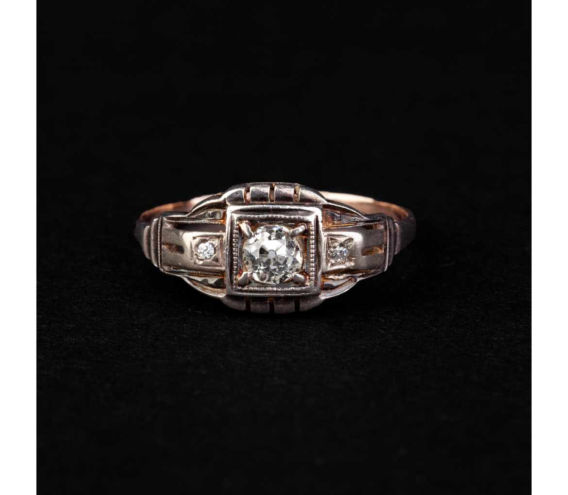 Złoty pierścionek z diamentami, praca ręczna, Art Deco - 1