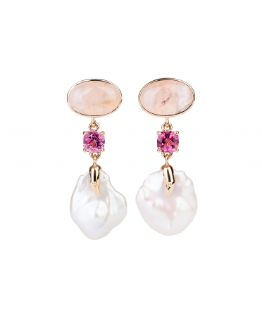 Złote kolczyki z perłami barokowymi, różowymi topazami i morganitami - 1
