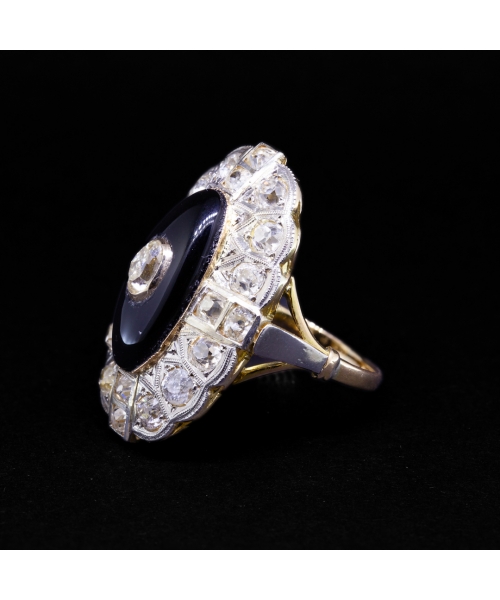 Złoto-platynowy pierścionek z onyksem i diamentami, vintage - 1
