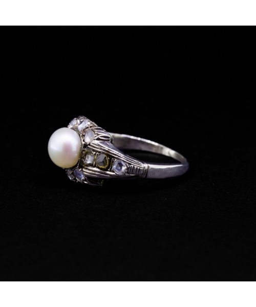 Gold ring with rose-cut diamonds and Akoya saltwater pearl, first half of the 20th century - 2