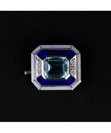 Gold vintage brooch pendant with enamel, diamonds and aquamarine - 1