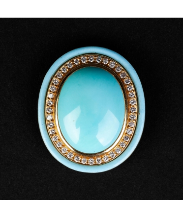 Gold brooch pendant with turquoise, enamel and vintage diamonds - 1