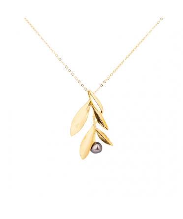 Goldplated bronze olive branch necklace with dark pearl - 1